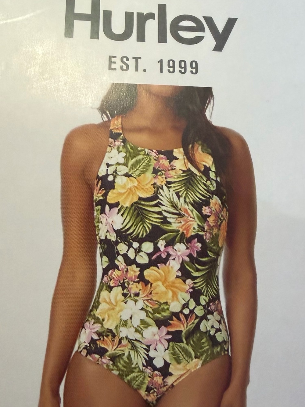 Hurley Black Tropical Floral High-Neck One-Piece Swimsuit.  Medium.  NWT.